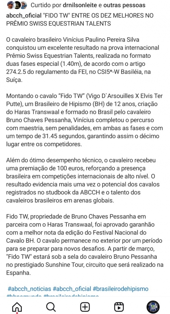 Fido TW -  Entre os 10 melhores no prêmio Swiss Equestrian Talents