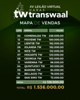 Resultado XV leilão Virtual Haras Transwaal